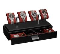 ROTHWELL Luxury Watch Display Case for 4 Watches - Leather Watch Box with Acrylic Cover and Removable Slide in Cushions - Accessory Drawer with Multiple Configurations (Black/Red)