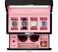 ROTHWELL, Watch Storage Box with 4 Compartments, Matte Black, with Valet Drawer - High-Quality Jewelry Display Case with Glass Lid with Key Lock and Microsuede Lining for