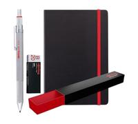 rOtring 600 3-in-1 Multicolour Pen and Mechanical Pencil + Notebook | Black & Red Ballpoint Pen Tips and 1 Mechanical Pencil Tip (0.5mm) | Silver Metal Barrel