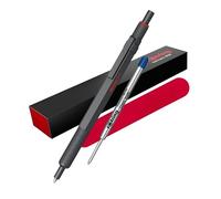 rOtring 600 Ballpoint Pen & Velvet Case | Medium Point | Black Ink | All-Metal Body Pen | Dark Stone | Non-Slip Knurled Grip & Hexagonal Barrel | Refillable | Set with extra Blue Ink