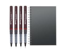 rOtring Tikky Graphic Fineliner Pen with four different thicknesses, Black Ink, 4 Count + Spiral Notebook A5