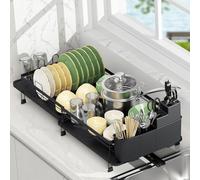 Rottogoon Expandable Dish Drying Rack Multifunctional Adjustable Dish Drainer with Swivel Spout and Anti-Rust Dish Rack with Removable Cutlery Cup Holders for Kitchen Counter Black