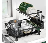 Rottogoon Large Dish Drying Rack 2-Tier Stainless Steel Dish Racks for Kitchen Counter Durable Dish Drainer with Drainboard Drainage Utensil Holder for Various Kitchenware Black