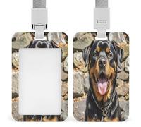 Rottweiler Dogs Tongue Head ID Badge Holder Clear Badge Protectors with Detachable Lanyard Strap Vertical Hard Plastic Sleeve Secures Work ID Card Credit Cards for Office Factory