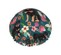 Rottweiler Floral Dog Waterproof Shower Cap with Elasticized Hem Reversible Design for Shower Sleeping Bonnet Cap for All Hair Lengths