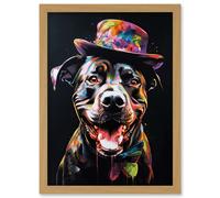 Rottweiler in Bow Tie and Multicoloured Top Hat Artwork Framed Wall Art Print A4 Artery8 Light Oak One Size