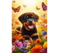 Rottweiler Puppy in a field of colorful flowers Notebook - Large 6 x 9 inches - 127 Pages
