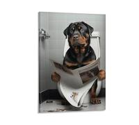 Rottweiler Sitting on The Toilet Reading A Newspaper Poster Funny Bathroom Wall Art Poster Funny Dog Animal Poster Home Posters For Toilet Canvas Poster Bedroom Decor Landscape Office Room Decor Gift