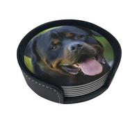rottweiler wallpaper Printed Round Coasters Set of 6 Pack, PU Leather Heat-Resistant Coaster Set with Holder for Farmhouse, Home, Office & Coffee Bar Decor