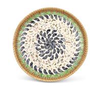 Roucerlin 13.7" Decorative Round Rattan Tray with Mother of Pearl, Hand-Woven Wicker Serving Tray, Boho Rattan Basket Platter for Fruit Bread Coffee Counter Dessert Kitchen (13.7")