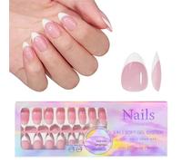 Roucerlin 150 Pcs 3 in 1 Fake French Tip Press On Nails Short Almond, Pre-formed Soft Gel Nail Tips Full Cover, Pink Stick Glue On Nails, Reusable False Nail Tips Extensions for Home DIY 15 Sizes