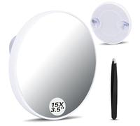 Roucerlin 15X Travel Magnifying Mirror with Tweezers & Suction Cup, Face Makeup Mirror with Magnification, Small Stick on Shower Magnified Set for Plucking Eyebrows Women Men 3.4'' Round