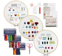 Roucerlin 3 Sets Embroidery Kit for Beginners Adults, Learn to Hand Embroidery Kit, Stitch Practice Stamped Embroidery Starter Kit with Hoop, Color Threads, Scissors, Needles & Manuals (Flower)
