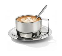Roucerlin 304 Stainless Steel Coffee Cups with Spoon & Saucer, 6.8 Oz Metal Espresso Mugs, Double Walled Insulated Espresso Coffee Cup for Cappuccino Latte Milk Tea Beverages(1 Set，200 ml)
