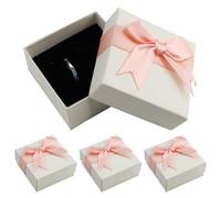 Roucerlin 4 Pieces 2.75" x 2.75" White Cardboard Jewelry Gift Boxes with Pink Ribbon Bow, Square Hard Paper Ring Box, Empty Jewelry Ring Case for Earrings Birthdays Anniversaries Weddings