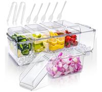 Roucerlin Chilled Condiment Server with Lid, 5 Removable Containers, 2 Tongs and 5 Forks, Bar Garnish Tray Caddy, Ice Serving Trays for Parties Outdoor Food Buffet Fruit Holder Entertaining