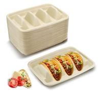 Roucerlin Disposable Taco Holder, Paper Taco Plates with 3 Dividers, Fiesta Tray Stand, Compartment Bar Serving Set for Tuesday Lazy Susan Supplies (Pulp Fiber, Beige) (50 Pieces)