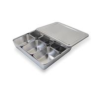 Roucerlin Stainless Steel Seasoning Box with Lid and Holder Tray, 6 Compartments Rectangle Masala Dabba Spice Container, Indian Masala Box Organizer Set for Kitchen Condiment Storage (6 Compartments)
