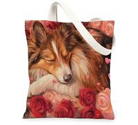 Rough Collie Dog Canvas Tote Bag for Shopping 13 * 15, Valentine's Day Romantic Roses Reusable Grocery Bag for Women, Pet Travel Pattern Gift Decoration