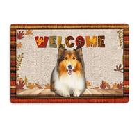 Rough Collie Door Mat Rough Collie Dog Welcome Fall Autumn Pumpkin Spice Maple Leaf Welcome Non-Slip Mats Funny Doormat Bathroom Kitchen Front Porch Rugs Entrance 16 * 24in/40 * 60cm