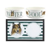 Rough Collie Pet Bowls & Mat Set - Painted Dog Portraits by Rhiannon Chauncey - Large White Ceramic Food & Water Dishes and Non-Slip Rubber Mat For Dogs (Set of 3)