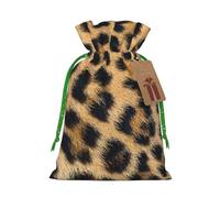 Rough Leopard print Printed Christmas Drawstring Bags with Green Christmas Ribbon - Reusable Burlap Drawstring Gift Pouches, S