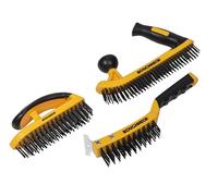 Roughneck Heavy Duty Wire Brush 3 Piece Set - High-Performance Cleaning Kit with Carbon Steel Bristles & Soft Grip - Scraper (300mm), Block (165mm), Two-Handed Brush (250mm)