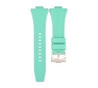 ROUHO 12mm x 26mm Convex Interface Silicone Watch Strap Soft Rubber Replacement Watch Band for Tissot PRX T137.407/410-Cyan + Rose Gold Buckle