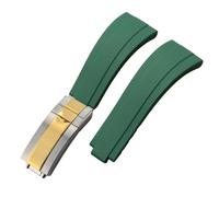 ROUHO 20mm Soft Silicone Rubber Watch Strap Adjustable Deployment Clasp Watchband for Rolex Daytona GMT Yacht-Master-Green + Silver Gold Buckle