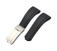 ROUHO 21mm Silicone Replacement Watch Strap Slide Lock Deployment Clasp Watch Bracelet for Rolex Daytona GMT Oyster Perpetual-Black + Silver Buckle