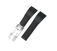 ROUHO 21mm Silicone Sports Watch Strap Deployment Clasp Watch Band Accessory for Rolex Submariner Oyster-Black + Silver Buckle