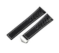 ROUHO 22mm Perforated Genuine Leather Watch Band Breathable Replacement Watch Strap for TAG Heuer Carrera Monaco-Black White + Silver Buckle