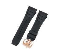 ROUHO 25mm Silicone Watch Strap with Deployment Clasp Convex Lug Rubber Replacement Band for Richard Mille RM 055/011-Black + Rose Gold