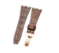 ROUHO 26 x 18mm Waterproof Leather Watch Strap Deployment Clasp Replacement Watch Band for Audemars Piguet Royal Oak Offshore AP15400 26320-Brown + White with Rose Gold Buckle