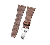 ROUHO 26 x 18mm Waterproof Leather Watch Strap Deployment Clasp Replacement Watch Band for Audemars Piguet Royal Oak Offshore AP15400 26320-Brown + White with Silver Buckle