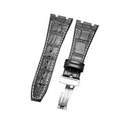 ROUHO 26 x 18mm Waterproof Leather Watch Strap Deployment Clasp Replacement Watch Band for Audemars Piguet Royal Oak Offshore AP15400 26320-Black + White with Silver Buckle