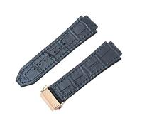 ROUHO 26 x 19mm Adjustable Leather Watch Strap Deployment Clasp Rubber Watch Bracelet for HUBLOT Big Bang-Deep Blue + Rose Gold Buckle