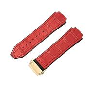 ROUHO 26 x 19mm Waterproof Lined Genuine Leather Watch Strap Replacement Rubber Watch Band for Hublot Big Bang-Red with Gold Deployment Buckle