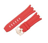 ROUHO 28mm Flexible Pin Buckle Silicone Watch Straps, Waterproof Silicone Watchband for Audemars Piguet Royal Oak Offshore 15710 15703-Red + Rose Gold Buckle