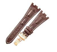 ROUHO 28mm Genuine Leather Watch Strap, Durable & Comfortable Folding Clasp Watchband for Audemars Piguet Royal Oak Offshore AP15710 15703 26470 26133-Brown White + Rose Gold Buckle