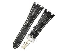 ROUHO 28mm Genuine Leather Watch Strap, Durable & Comfortable Folding Clasp Watchband for Audemars Piguet Royal Oak Offshore AP15710 15703 26470 26133-Black White + Silver Buckle