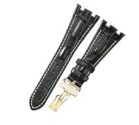 ROUHO 28mm Genuine Leather Watch Strap, Durable & Comfortable Folding Clasp Watchband for Audemars Piguet Royal Oak Offshore AP15710 15703 26470 26133-Black White + Gold Buckle