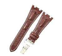 ROUHO 28mm Genuine Leather Watch Strap, Durable & Comfortable Folding Clasp Watchband for Audemars Piguet Royal Oak Offshore AP15710 15703 26470 26133-Brown White + Silver Buckle