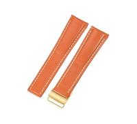 ROUHO Contrast Stitching Genuine Leather Watch Strap Replacement Watch Band for Breitling Navitimer Transocean Chronomat Superocean-Orange with Gold Pin Buckle 22mm