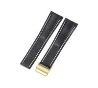 ROUHO Contrast Stitching Genuine Leather Watch Strap Replacement Watch Band for Breitling Navitimer Transocean Chronomat Superocean-Black with Gold Pin Buckle 24mm