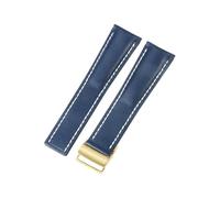 ROUHO Contrast Stitching Genuine Leather Watch Strap Replacement Watch Band for Breitling Navitimer Transocean Chronomat Superocean-Blue with Gold Pin Buckle 24mm