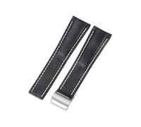 ROUHO Contrast Stitching Genuine Leather Watch Strap Replacement Watch Band for Breitling Navitimer Transocean Chronomat Superocean-Black with Silver Pin Buckle 24mm