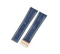 ROUHO Contrast Stitching Genuine Leather Watch Strap Replacement Watch Band for Breitling Navitimer Transocean Chronomat Superocean-Blue with Rose Gold Pin Buckle 22mm