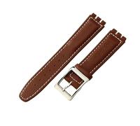 ROUHO Genuine Leather Watch Strap, Replacement Pin Buckle Women's Watch Bracelet for Swatch YCS YAS YGS-Brown White + Silver Buckle