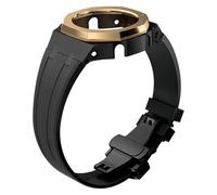 ROUHO Metal Case Rubber Band Watch Strap Replacement Modification Kit Stainless Steel Bezel Frame Accessories for Casioak GA2100 GA-2110-Gold + Black 2